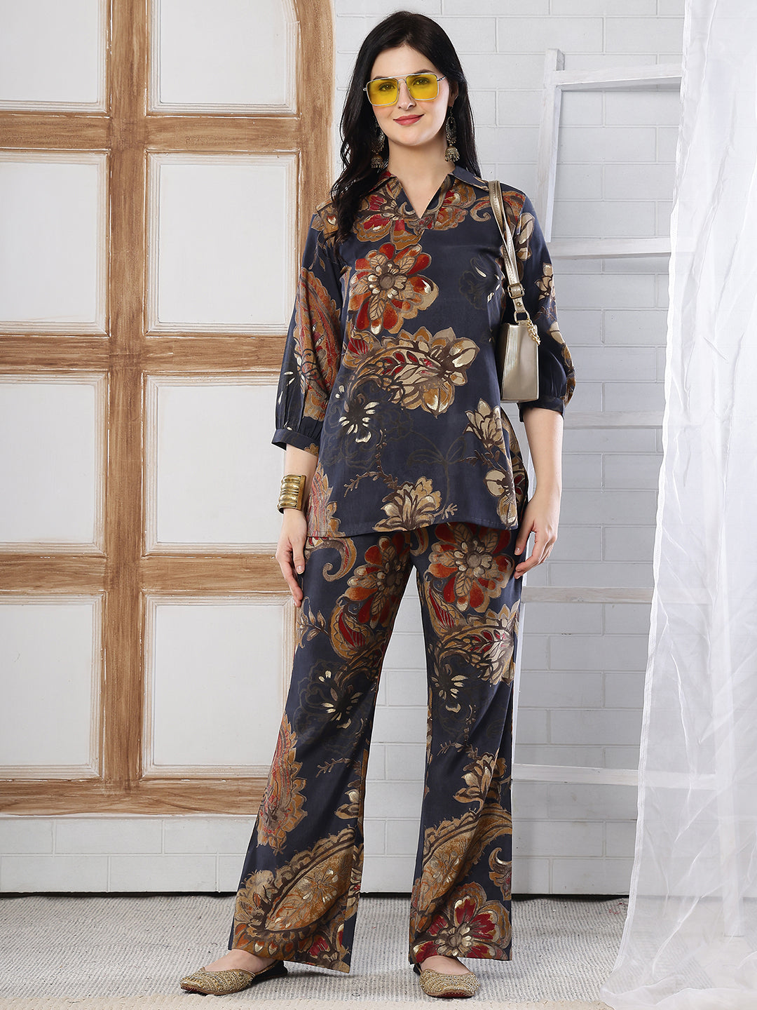 Grey Floral Printed Silk Co-Ord Set for Women | Claura