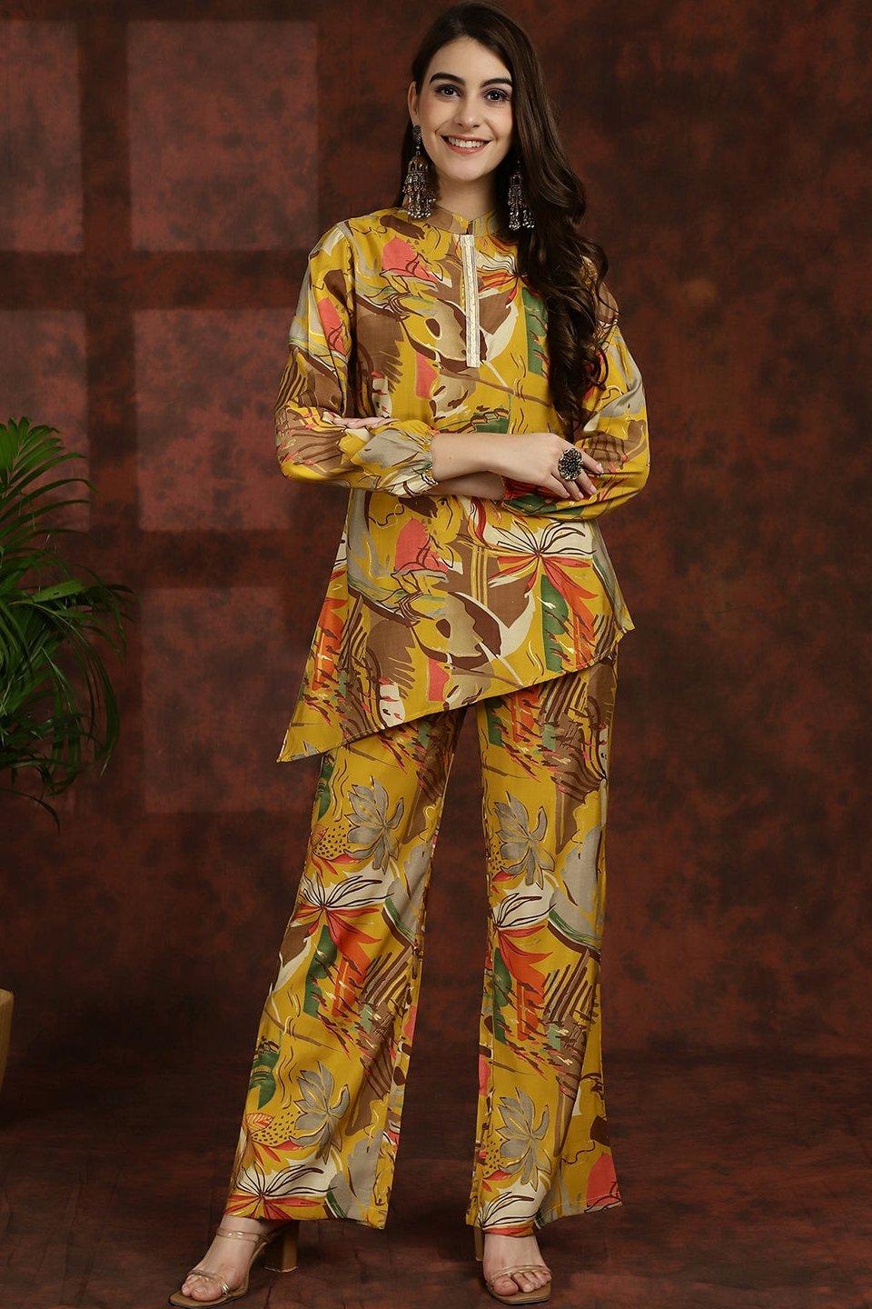 Yellow Floral Printed Chanderi silk Tunic & Palazzo Ethnic Co-ord Set