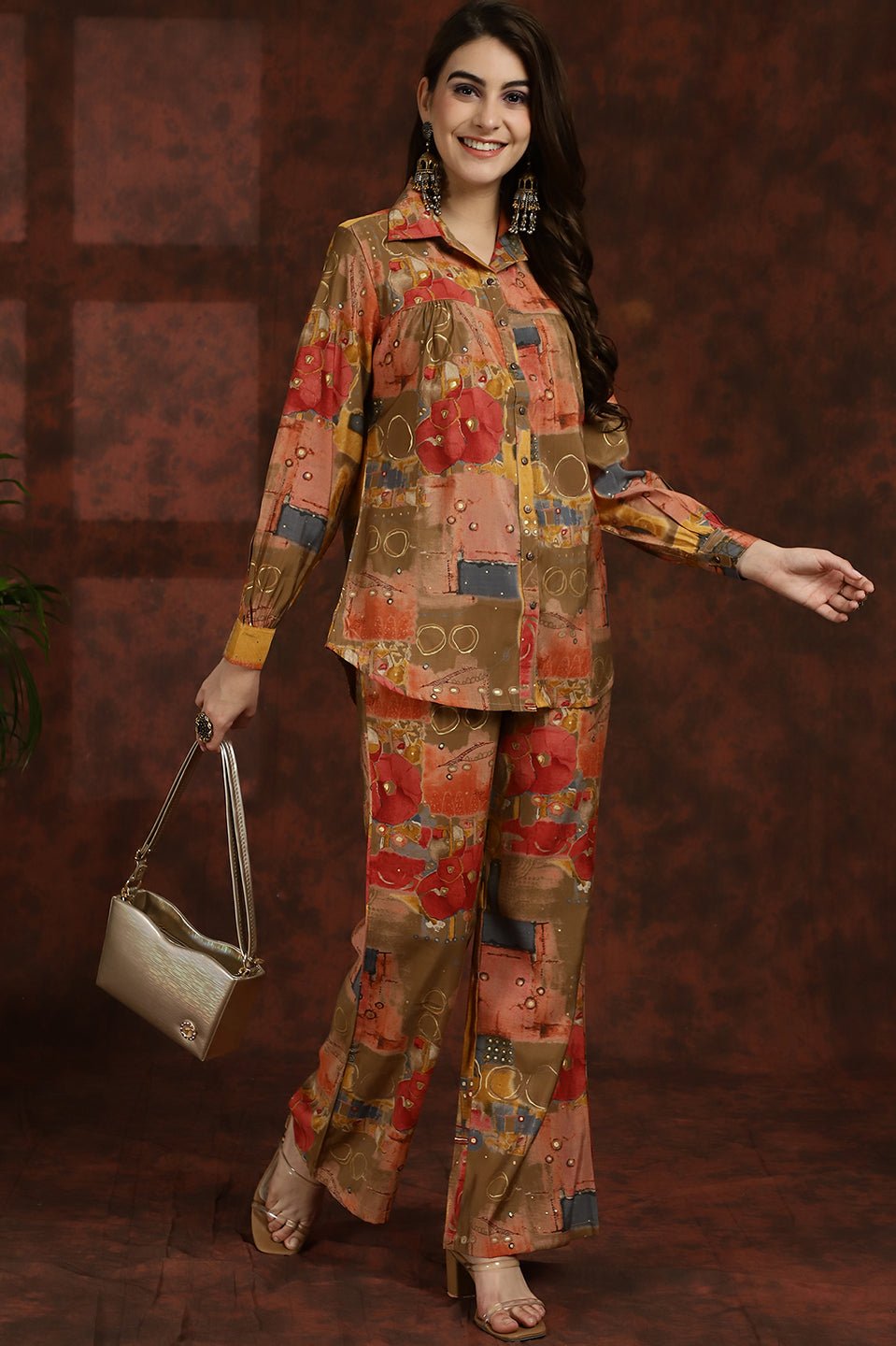 Brown Abstract Printed Premium Chanderi Tunic With Trousers Co-ord Set