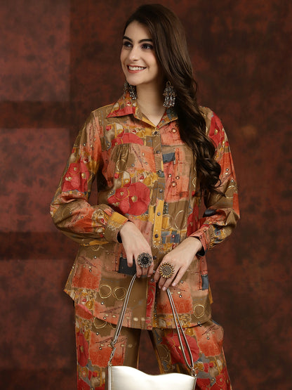 Brown Abstract Printed Premium Chanderi Tunic With Trousers Co-ord Set