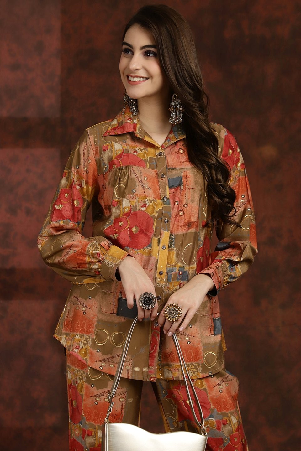 Brown Abstract Printed Premium Chanderi Tunic With Trousers Co-ord Set