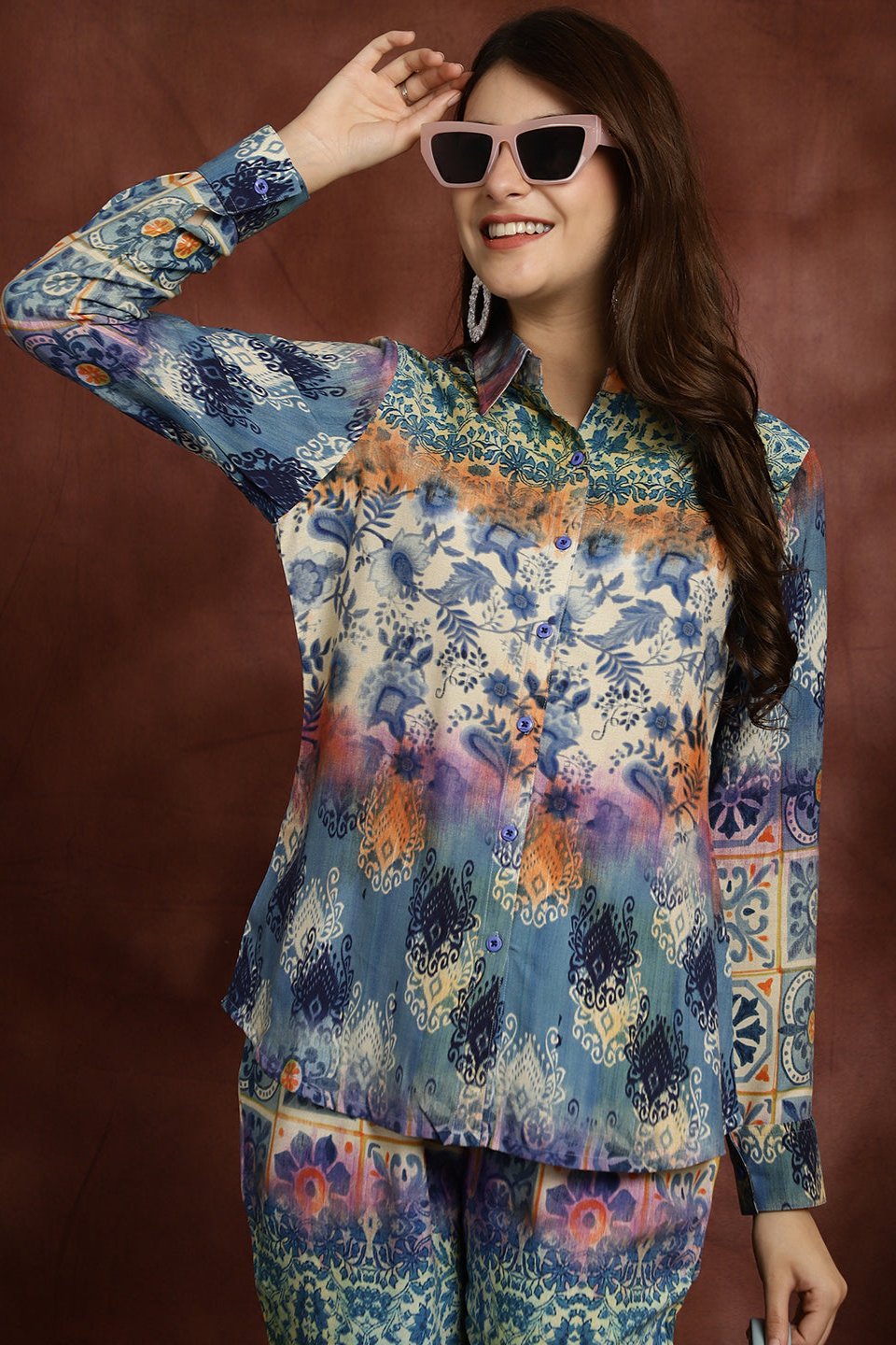 Blue Abstract Printed Premium Viscose Rayon Shirt With Trousers Co-ord Set