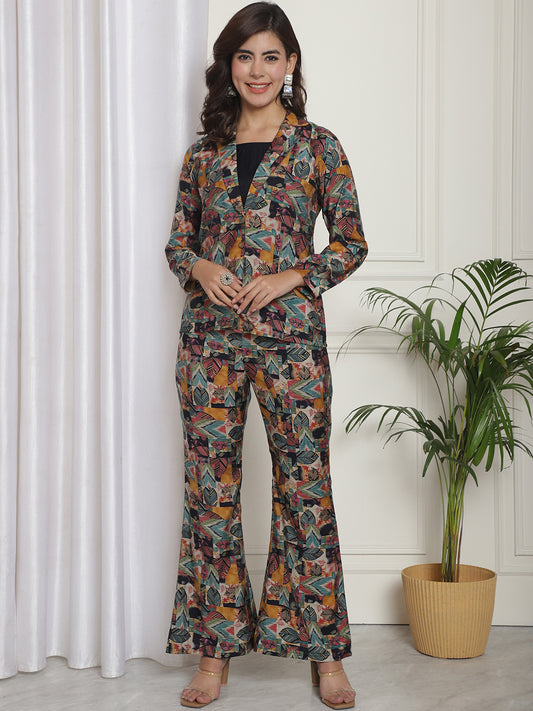 Multicolor  Abstract  Printed Premium Chanderi Top with Palazzo & Jacket Co-ord Set