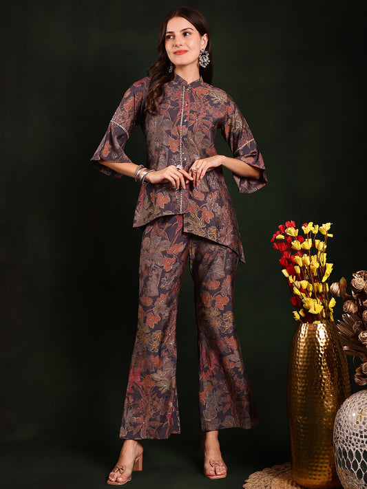 Grey Floral Printed Tunic With Trousers Co-Ords