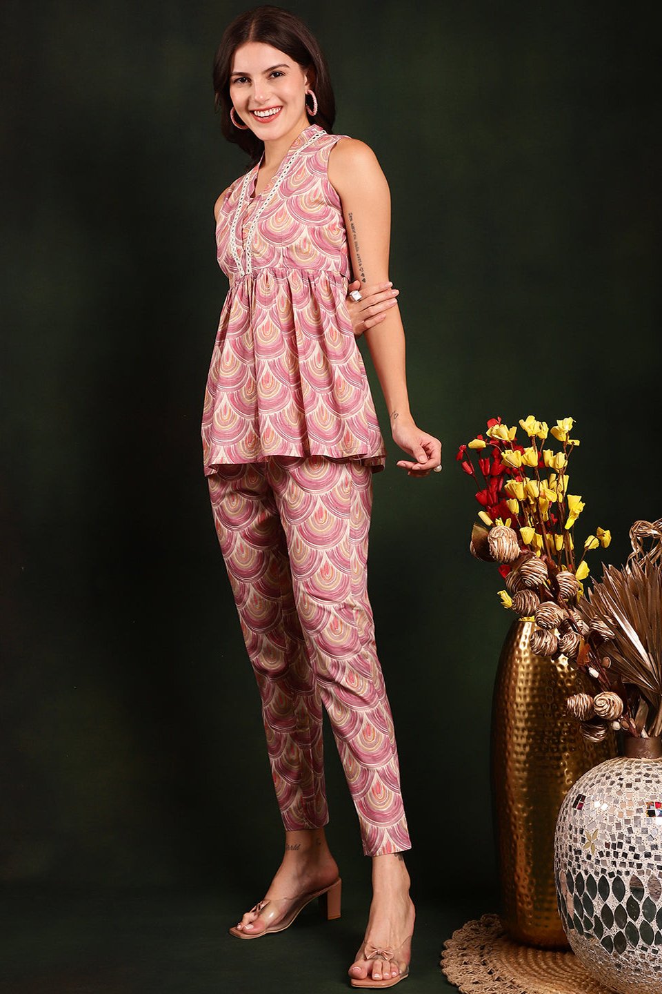 Printed Pure Cotton Mauve color Top With Trousers Co-Ords