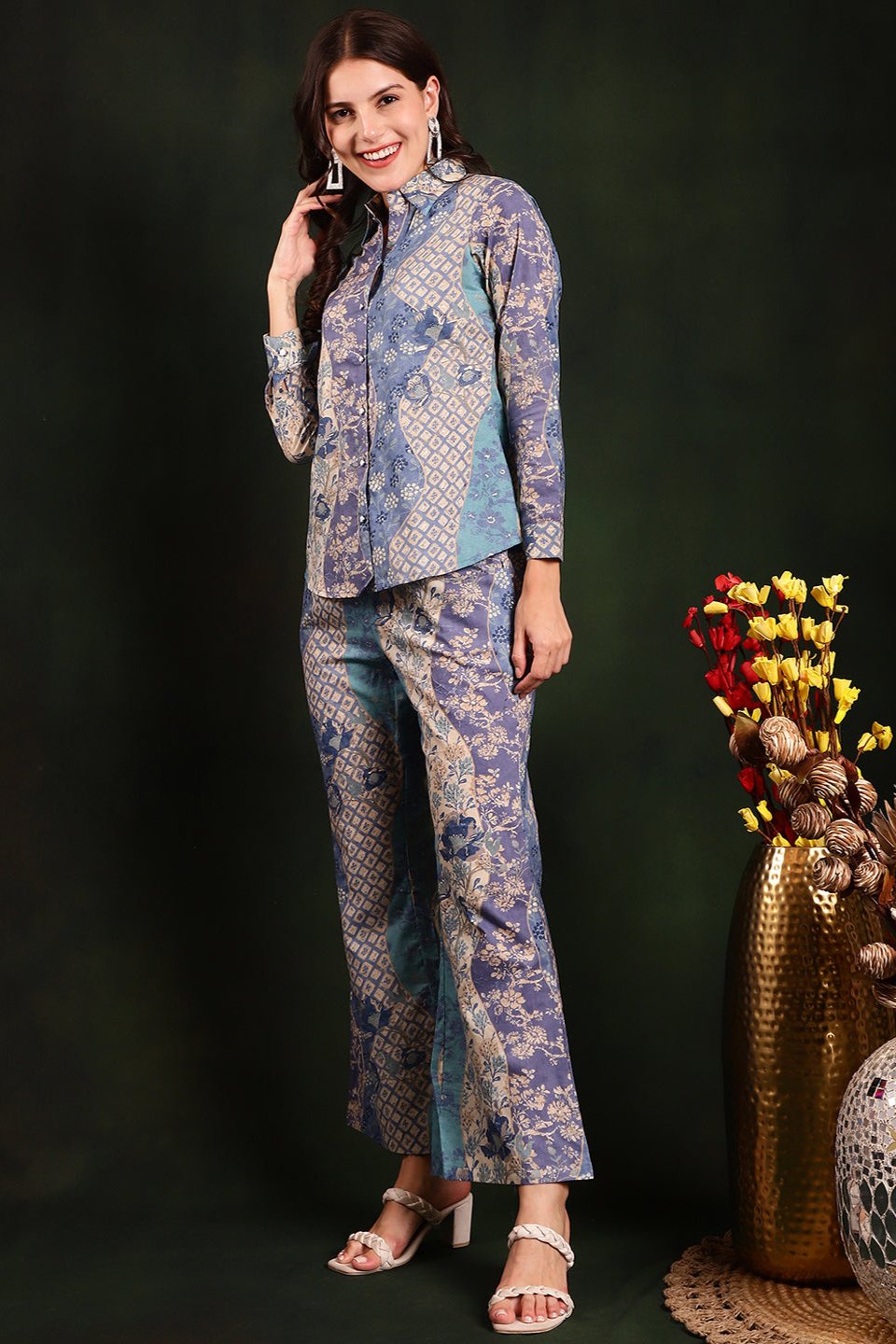 Blue Color Printed Cotton Shirt With Trousers Co-Ord Set