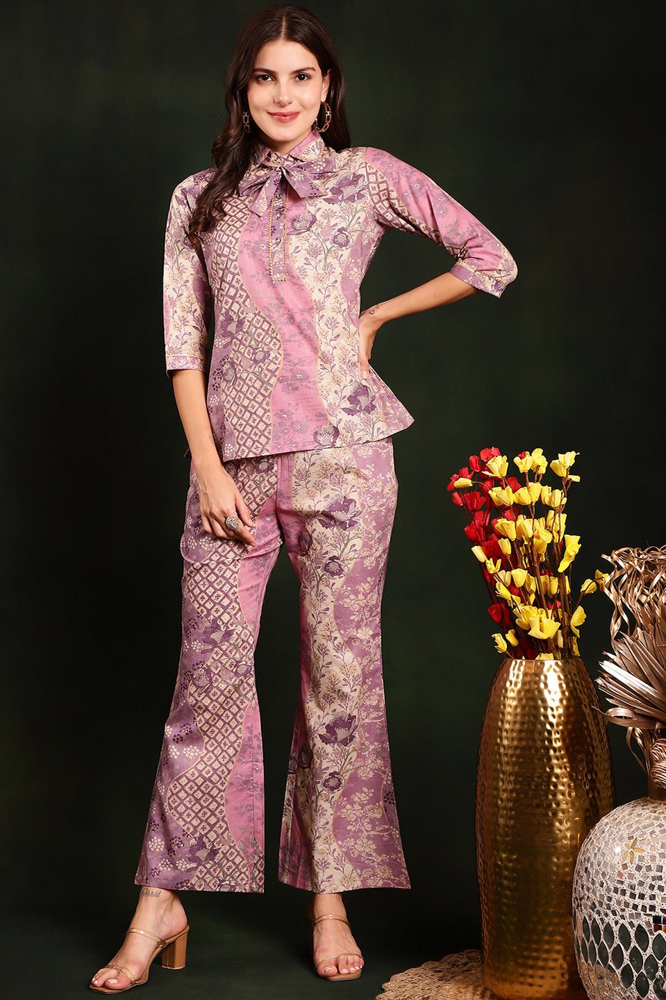 Mauve Color Printed Pure Cotton Tunic & Trousers Co-Ords Set