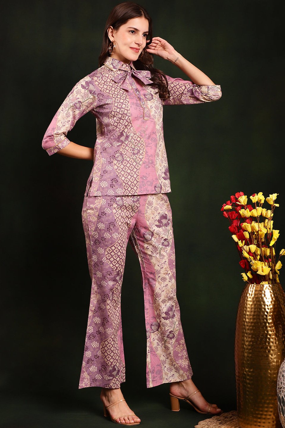 Mauve Color Printed Pure Cotton Tunic & Trousers Co-Ords Set