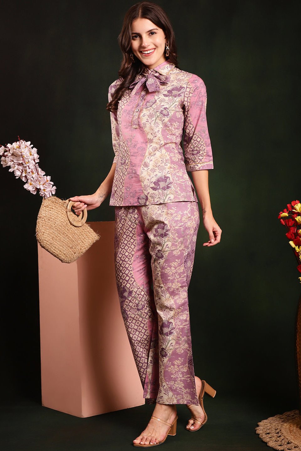 Mauve Color Printed Pure Cotton Tunic & Trousers Co-Ords Set