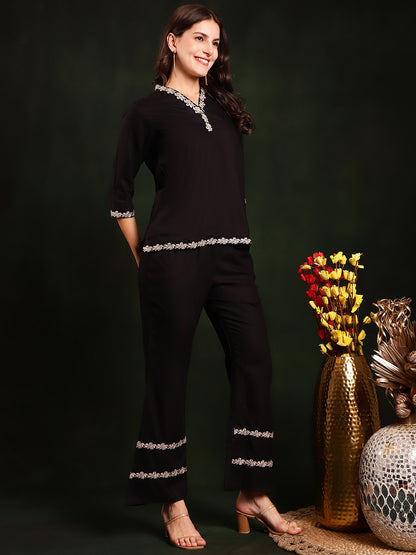 Black Color Embroidered Viscose Rayon Co-ord Set