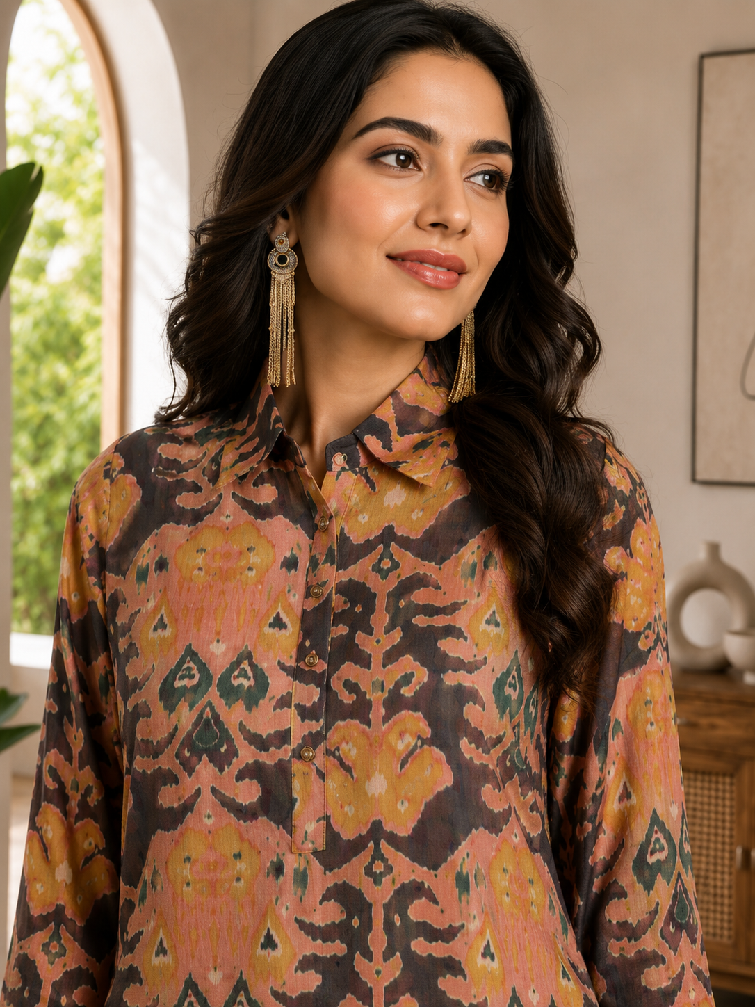 Peach Color Tropical Printed Chanderi Silk Co-ord Set