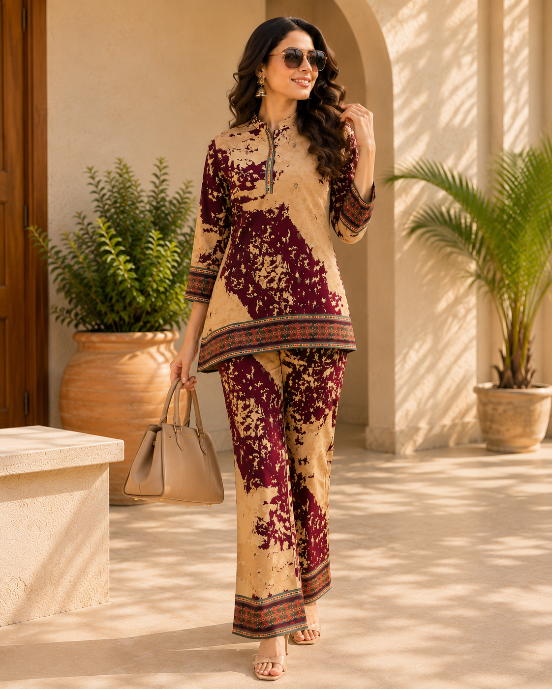 Purple Abstract Chanderi Silk Co-Ord Set Women 3/4th Sleeves
