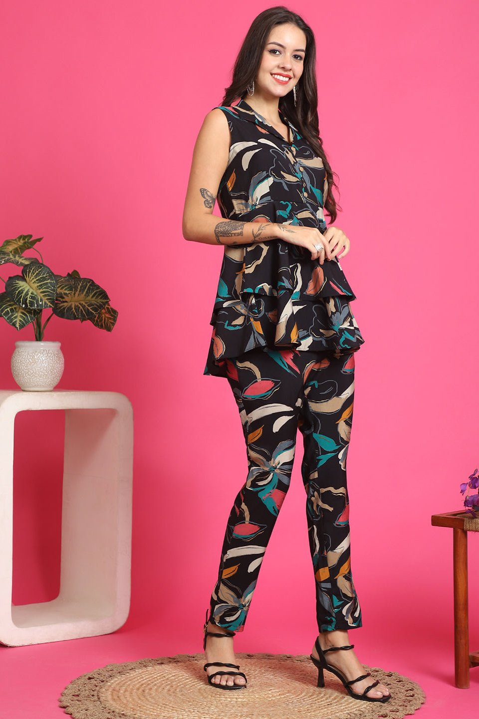 Black Color Floral Printed Chanderi Premuim Co-ord Set