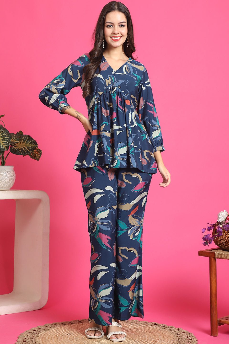 Blue Color Abstract Printed Premuim Chanderi Co-ord Set