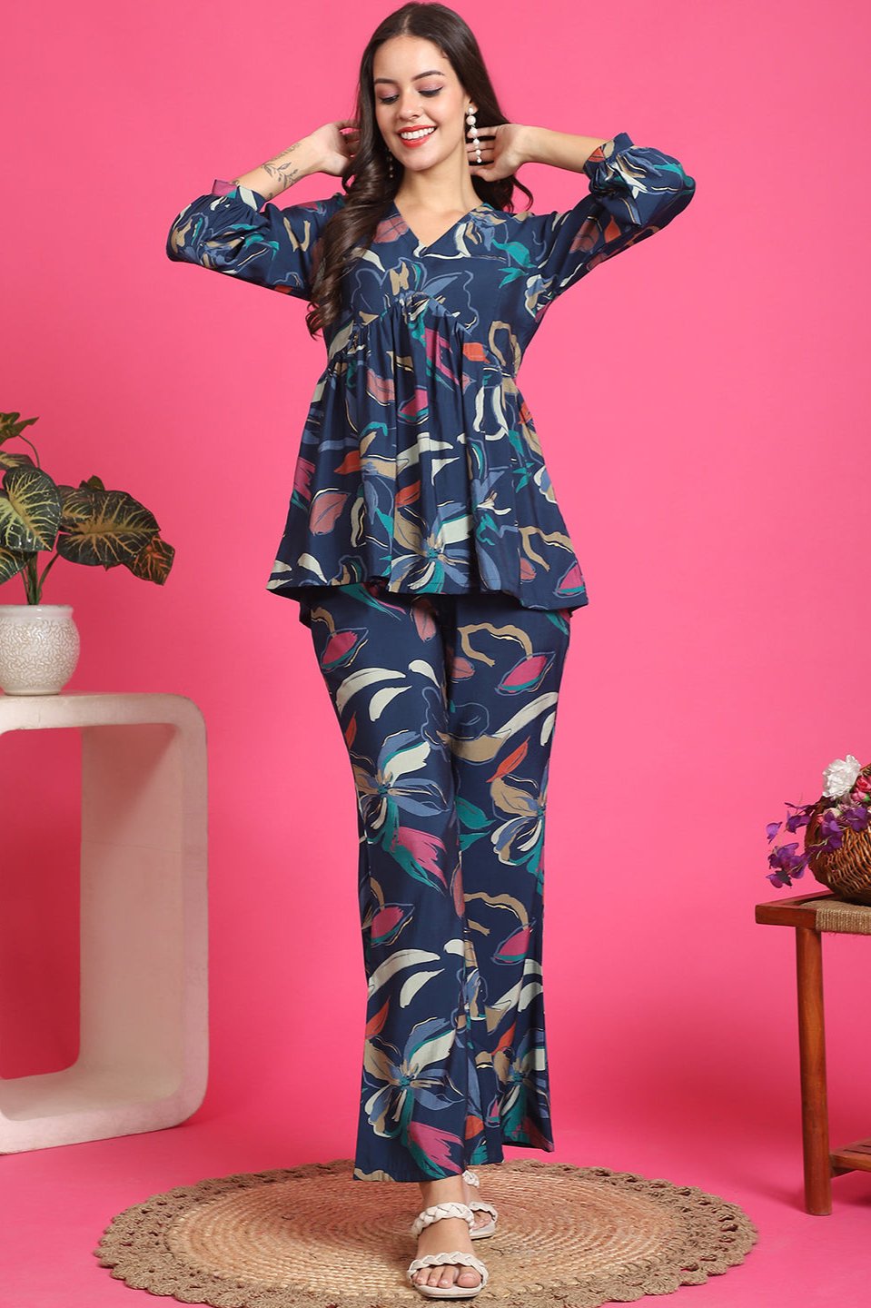 Blue Color Abstract Printed Premuim Chanderi Co-ord Set