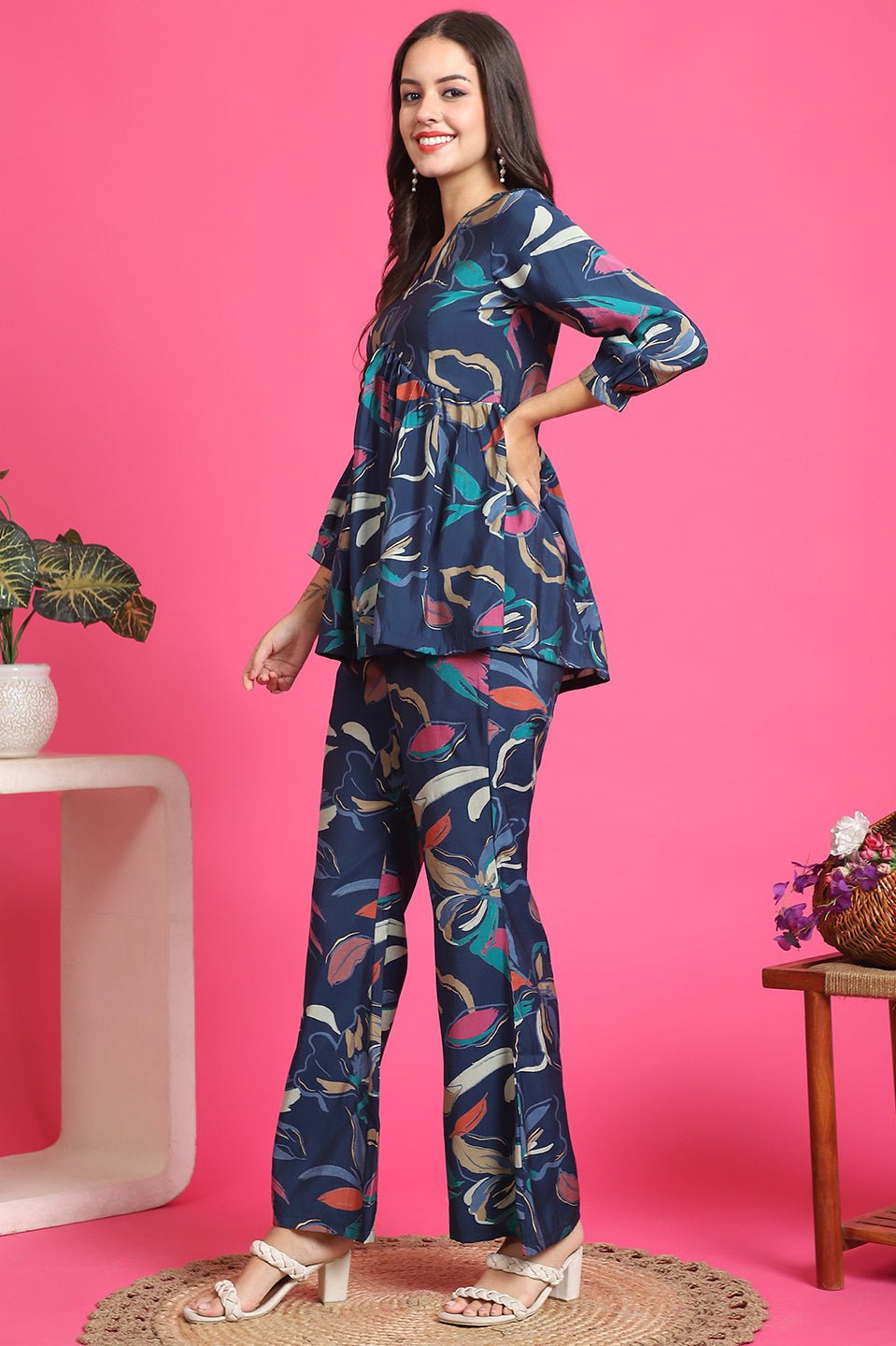 Blue Color Abstract Printed Premuim Chanderi Co-ord Set