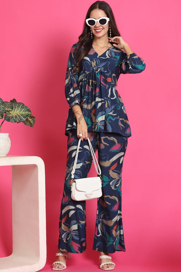 Blue Abstract Printed Premium Chanderi Co-ord Set for Women