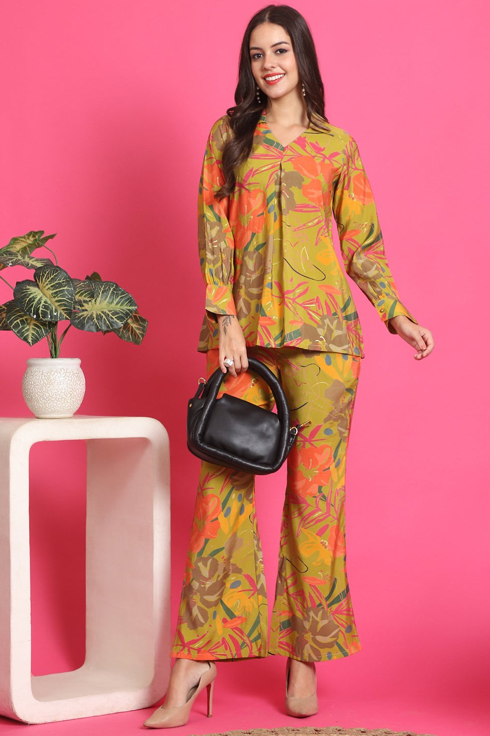 Mustard Color Abstract Printed Chanderi Silk Co-ord Set