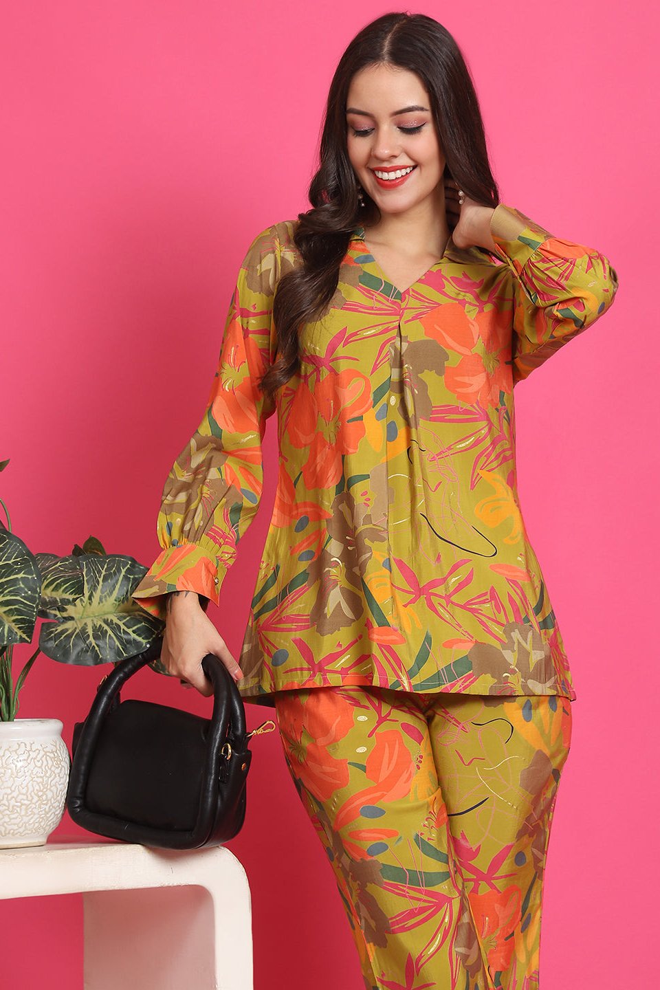 Mustard Color Floral Printed Chanderi Silk Co-ord Set