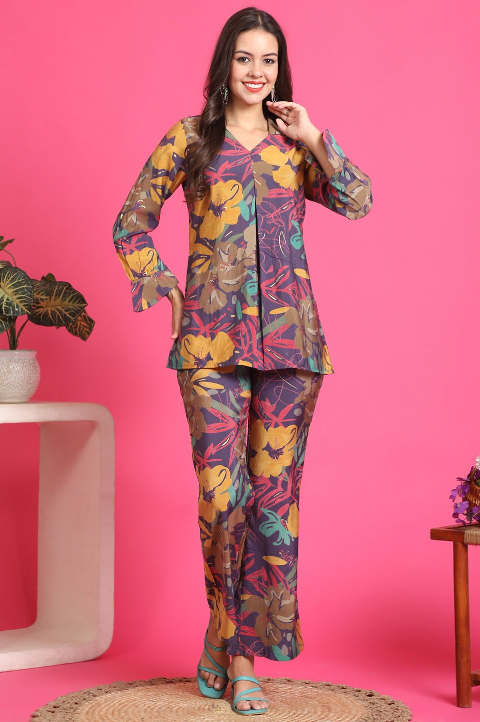 Purple Color Abstarct Printed Premuim Chanderi Co-ord Set