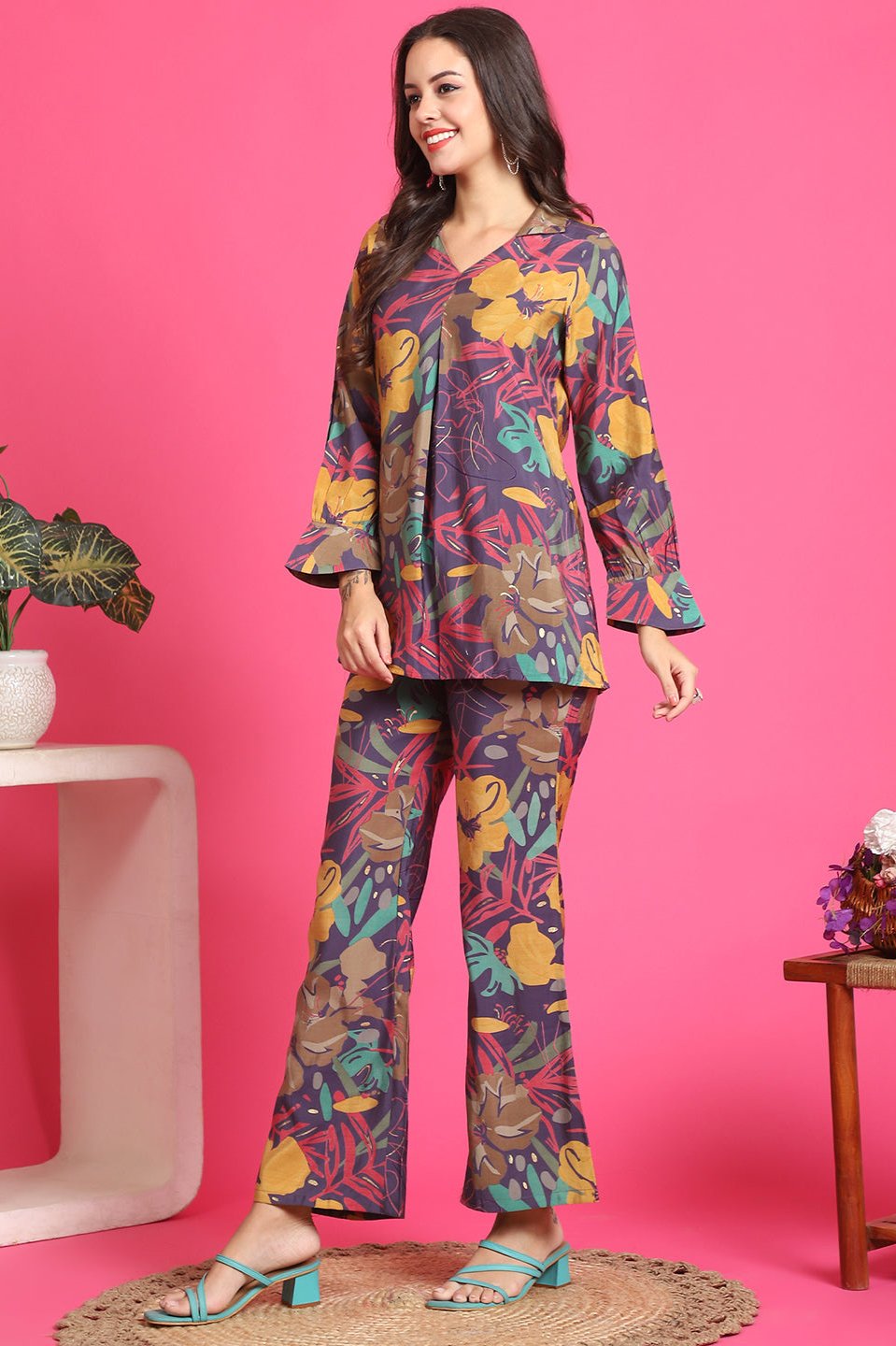 Purple Color Abstarct Printed Premuim Chanderi Co-ord Set