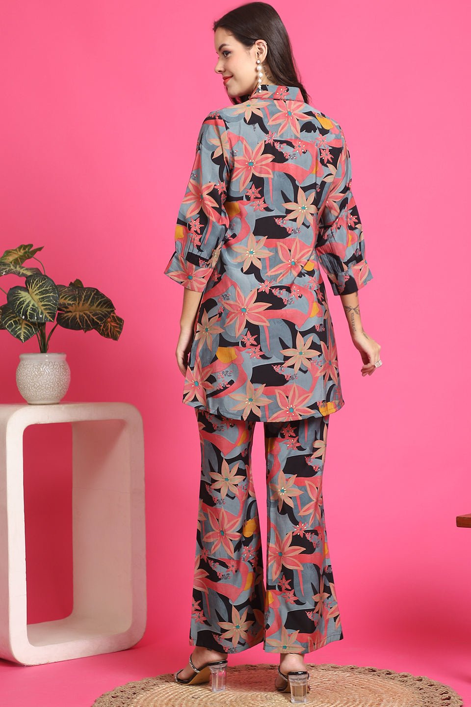 Black Floral Printed Tunic & Trousers Co-Ord Set for Women | Claura

