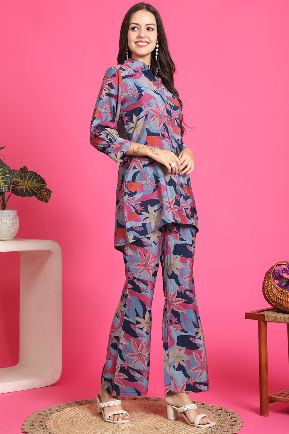 Blue Color Floral Printed Chanderi Premium Co-Ords set