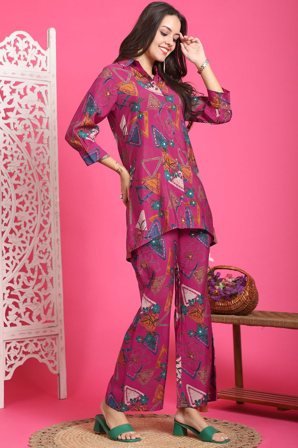 Magenta Color Abstract Printed Chanderi Premium Co-Ords