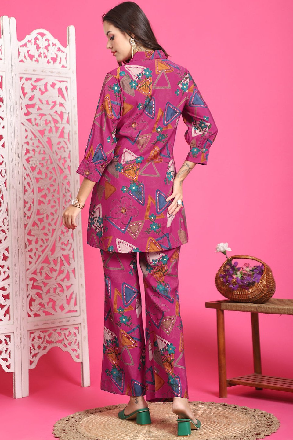 Magenta Color Abstract Printed Chanderi Premium Co-Ords