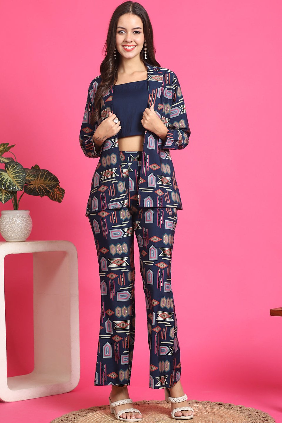 Navy Blue Color Abstract Printed Premuim Chanderi Co-ord Set