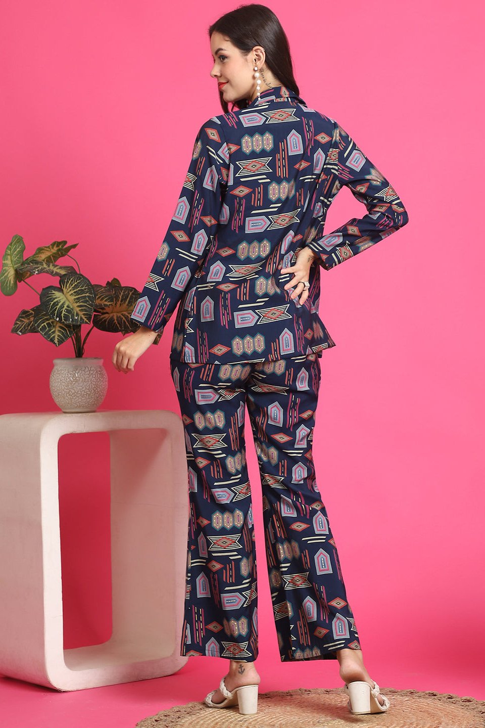 Navy Blue Color Abstract Printed Premuim Chanderi Co-ord Set