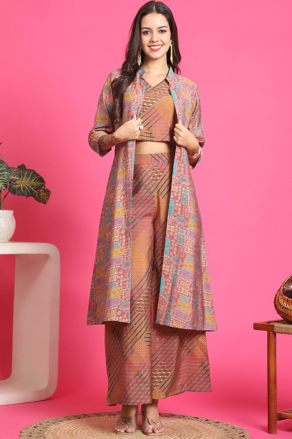 Pink Color Abstract Printed Premuim Chanderi Co-ord Set