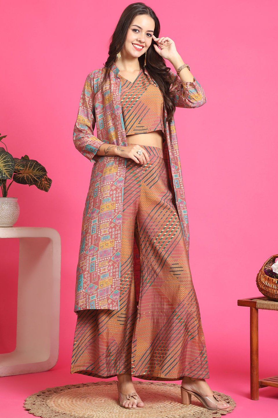 Pink Color Abstract Printed Premuim Chanderi Co-ord Set