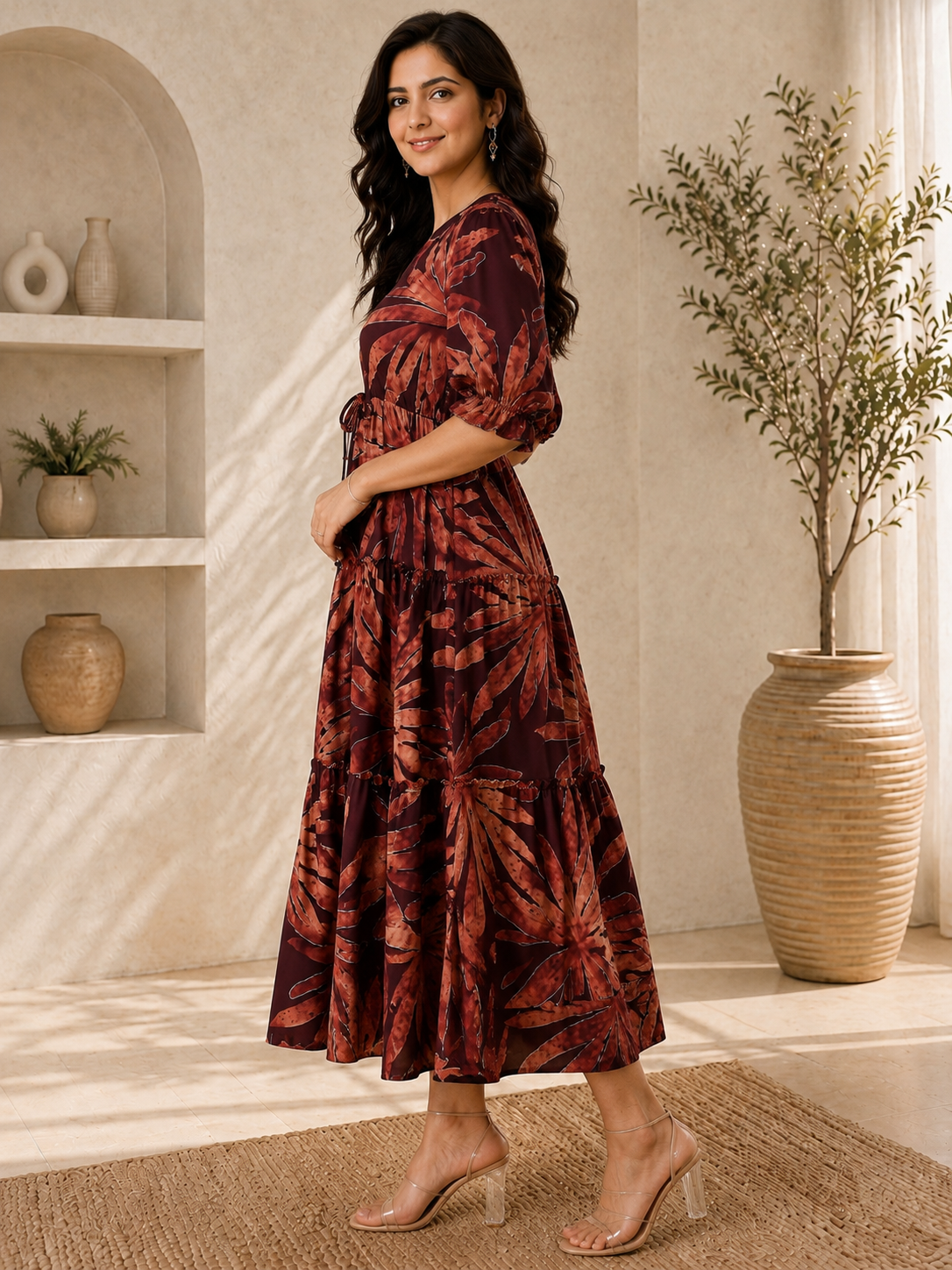 Purple Floral Printed Premium Chanderi Dress for Women | Claura