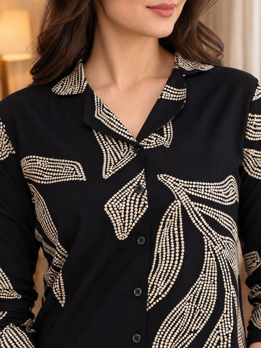 Black Floral Viscose Rayon Night Suit for Women | Claura