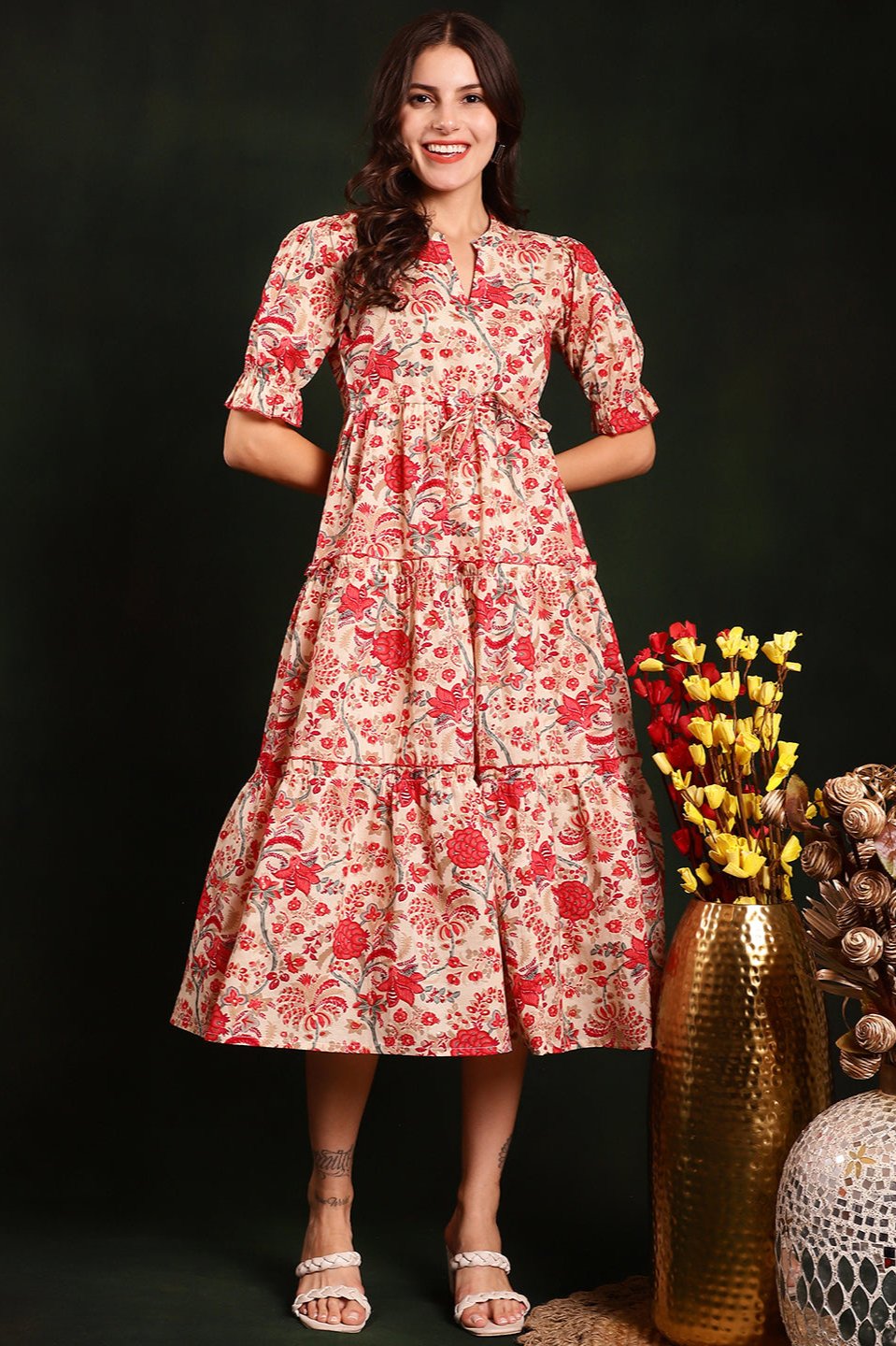 Red Colour Floral Printed Cotton Dress