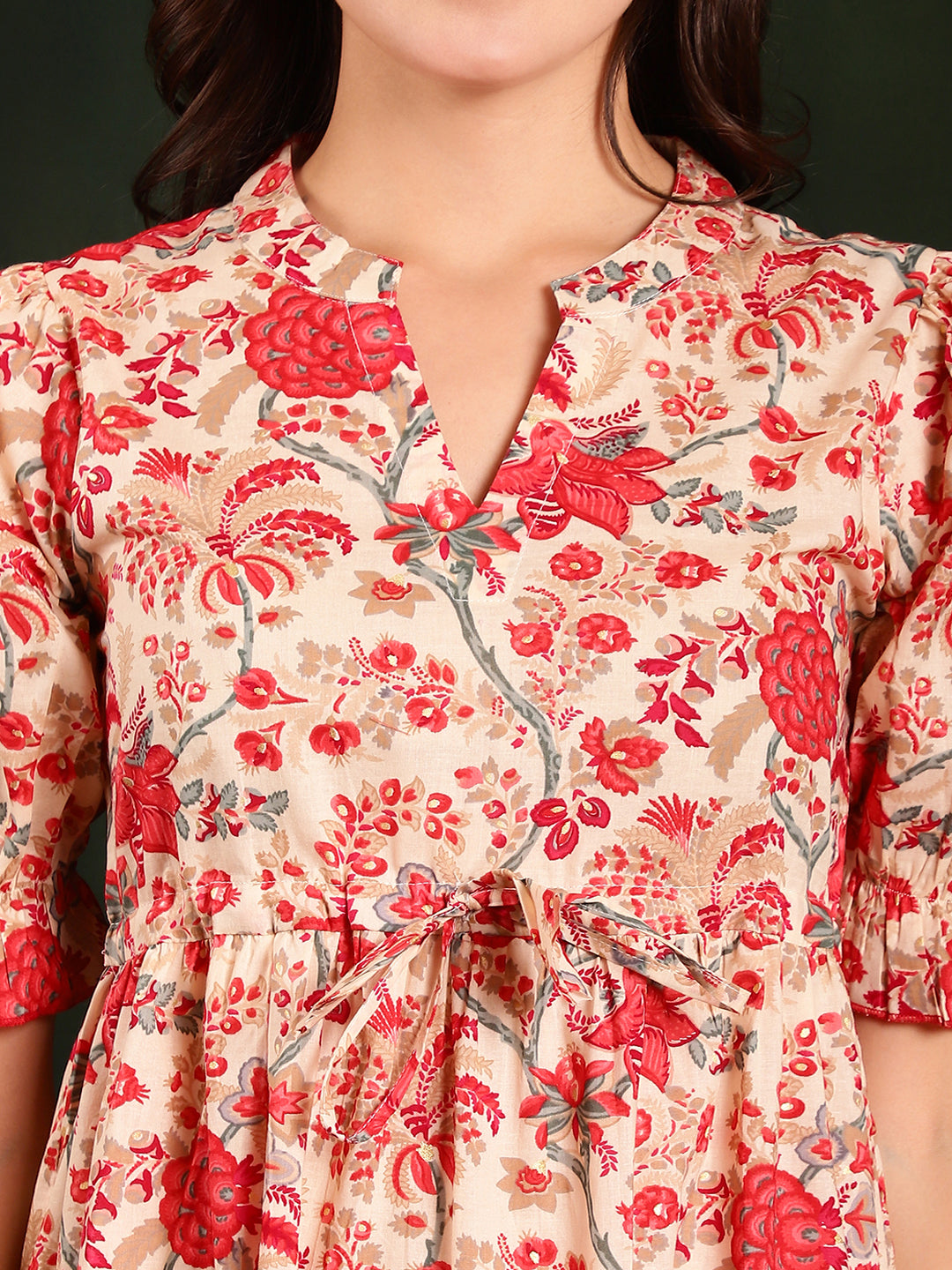 Red Colour Floral Printed Cotton Dress