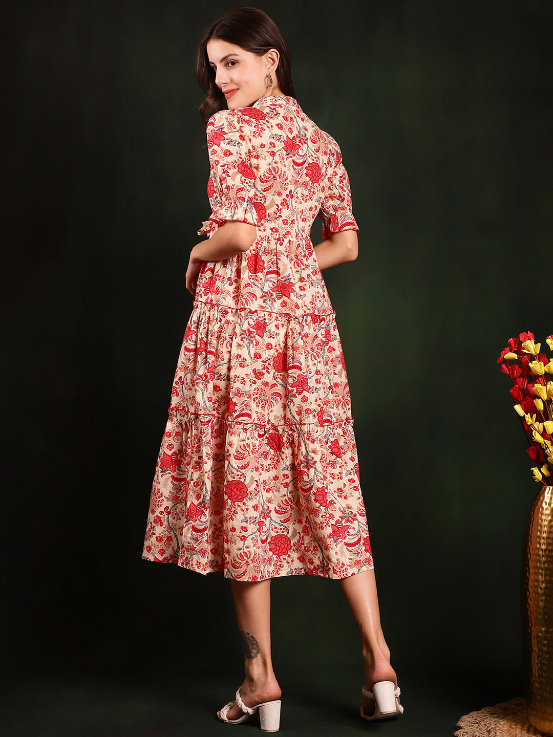 Red Colour Floral Printed Cotton Dress