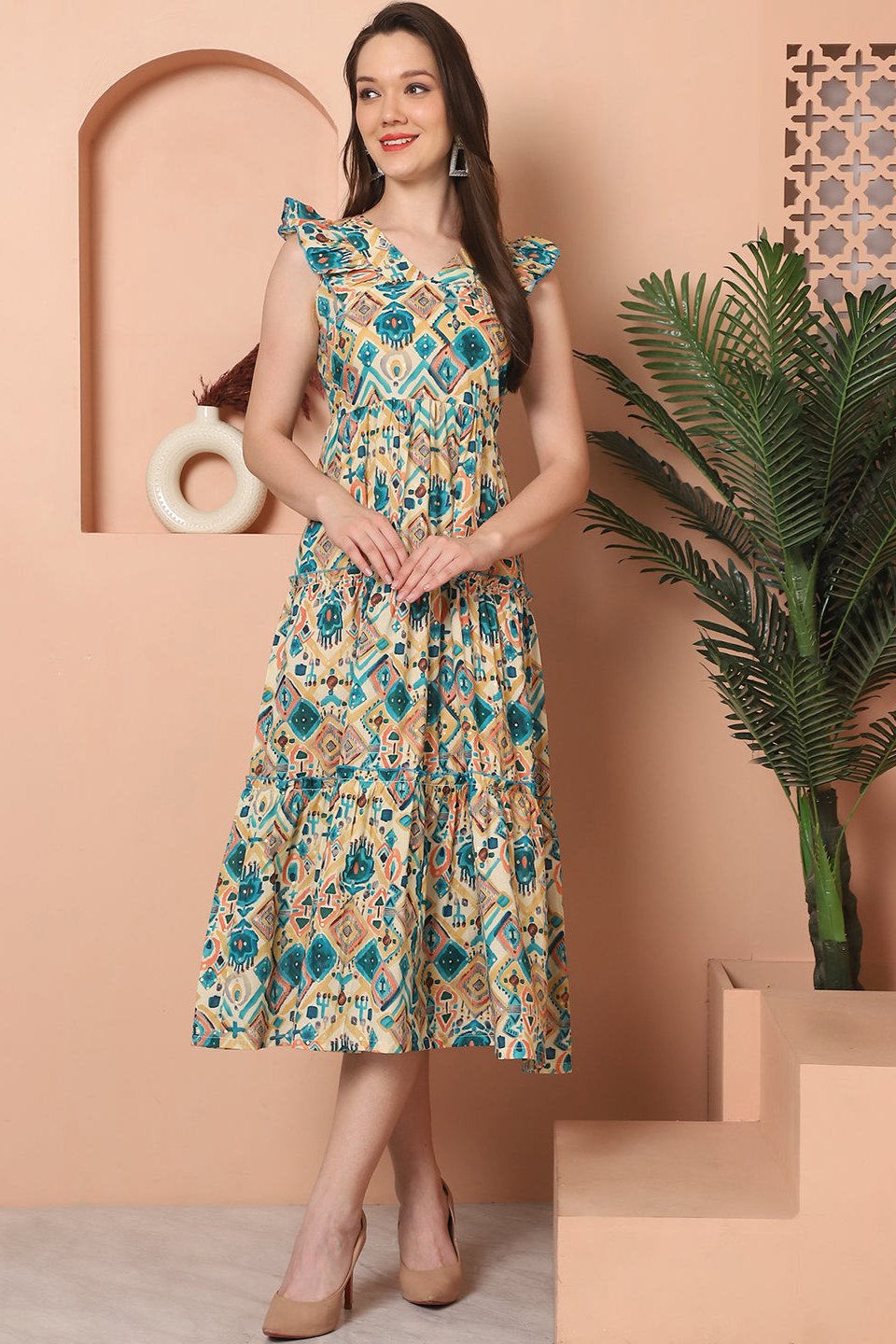 Green Color Floral Printed Cotton Ethnic Dress For Women