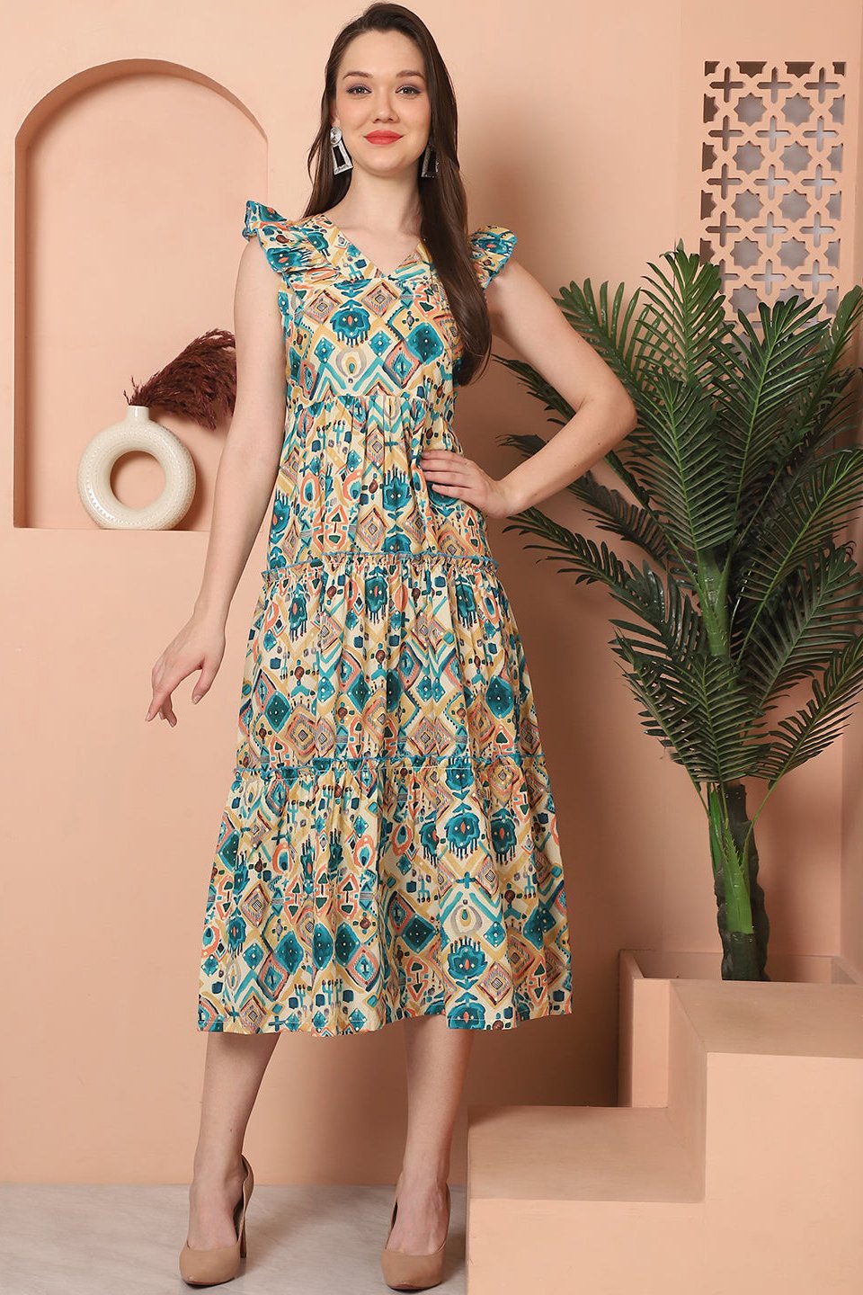 Green Color Floral Printed Cotton Dress For Women