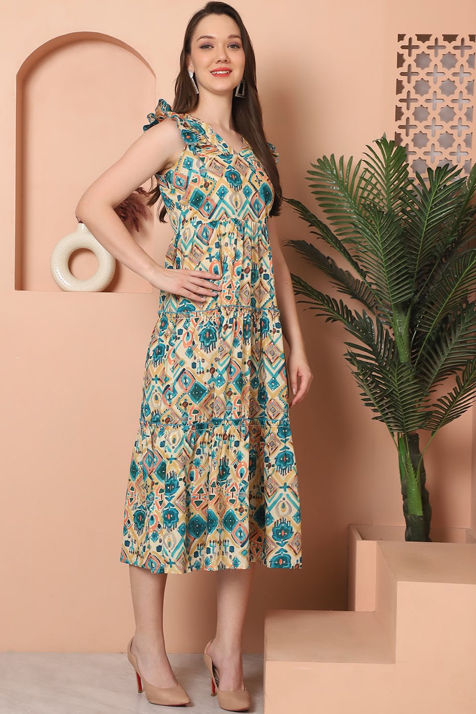 Green Color Floral Printed Cotton Ethnic Dress For Women