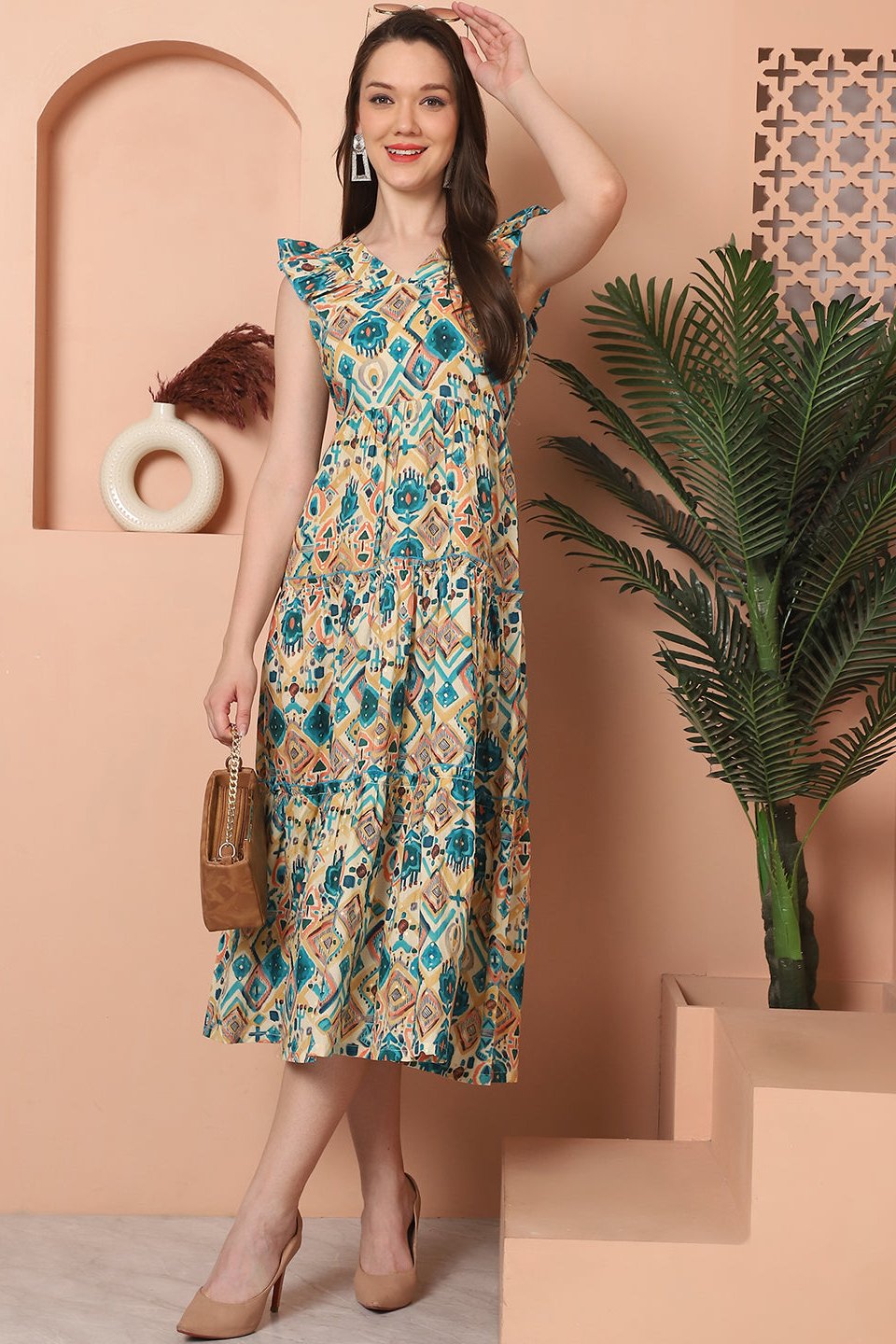 Green Color Floral Printed Cotton Dress For Women