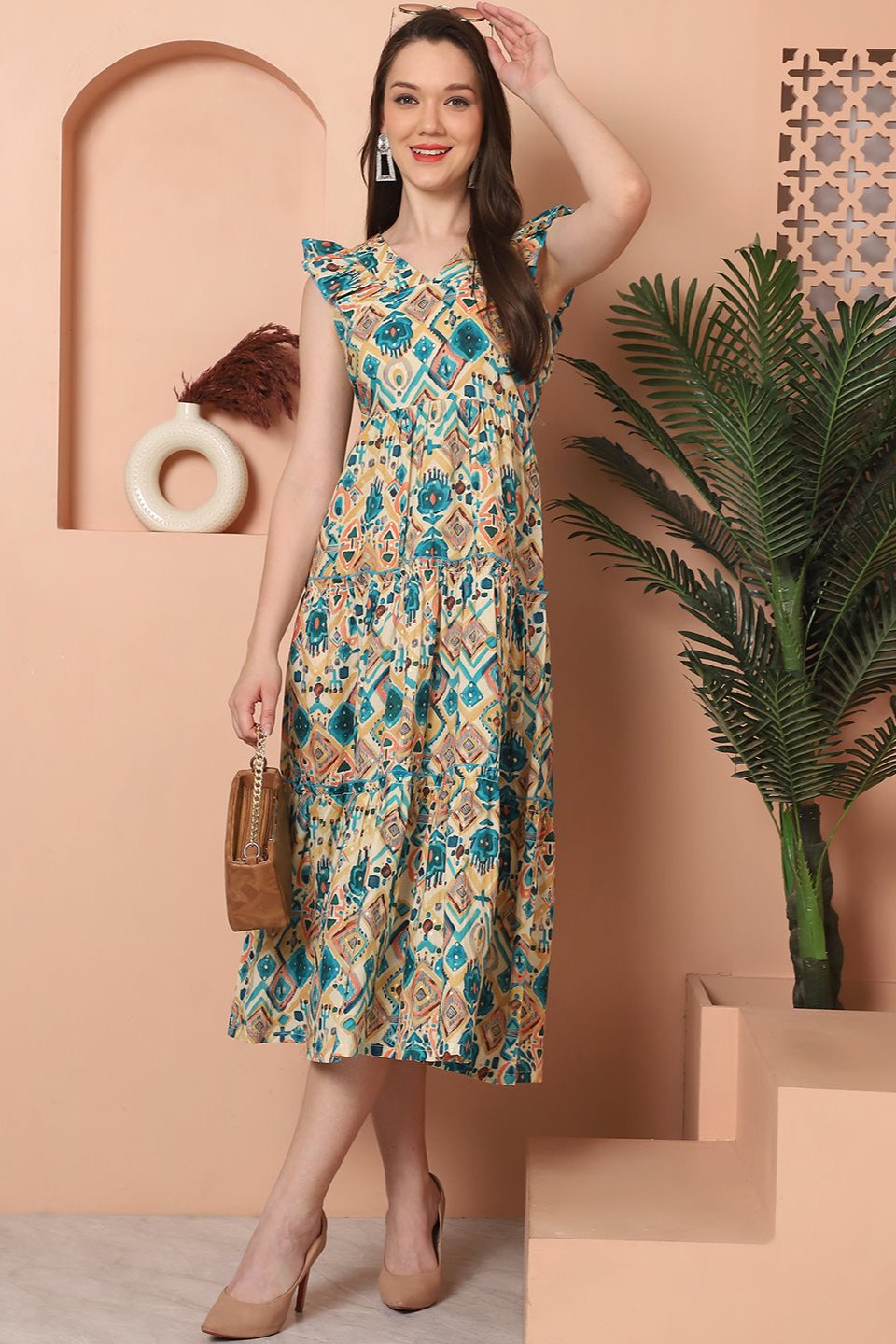 Green Color Floral Printed Cotton Ethnic Dress For Women