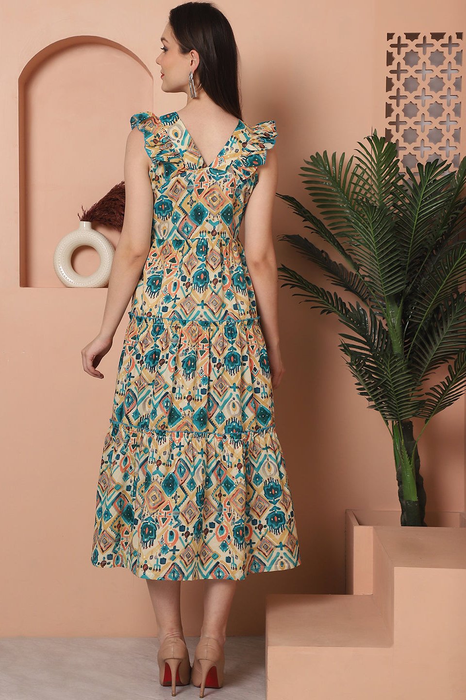 Green Color Floral Printed Cotton Dress For Women