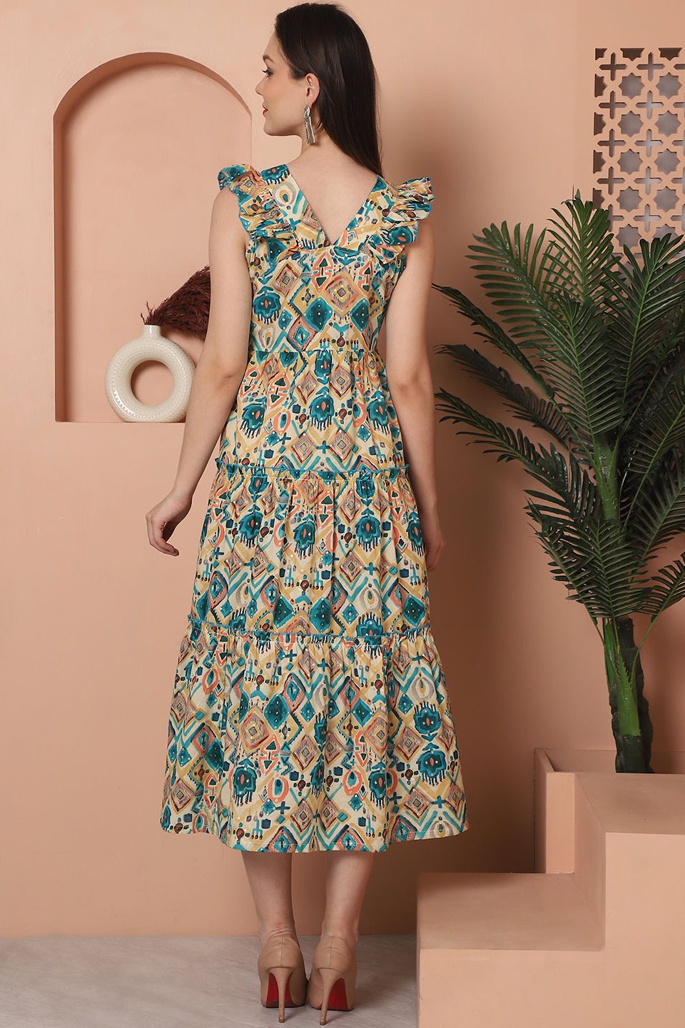 Green Color Floral Printed Cotton Ethnic Dress For Women