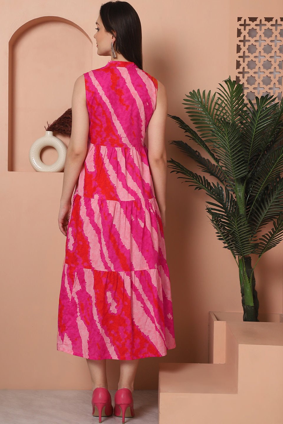 Pink Color Tie & Dye Printed Cotton Ethnic Dress For Women