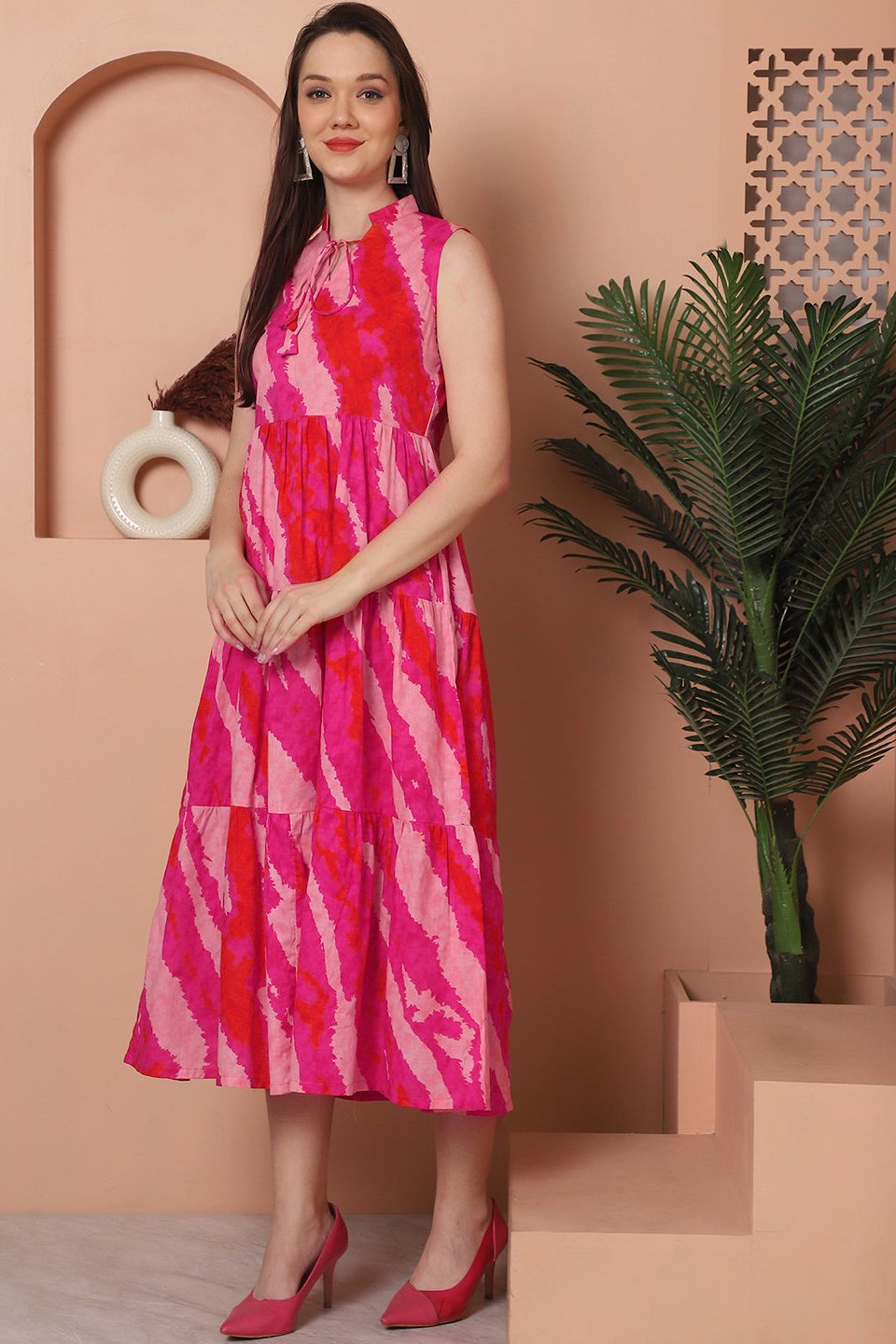 Pink Color Tie & Dye Printed Cotton Ethnic Dress For Women