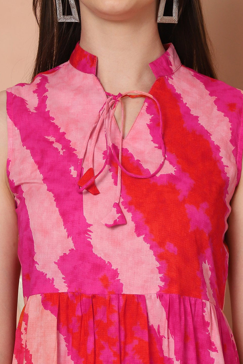 Pink Color Tie & Dye Printed Cotton Ethnic Dress For Women