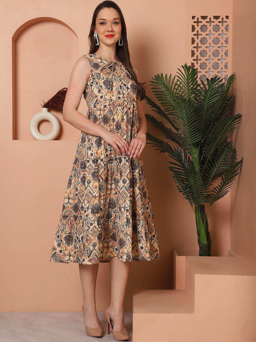 Beige Color Floral Printed Cotton Ethnic Dress For Women