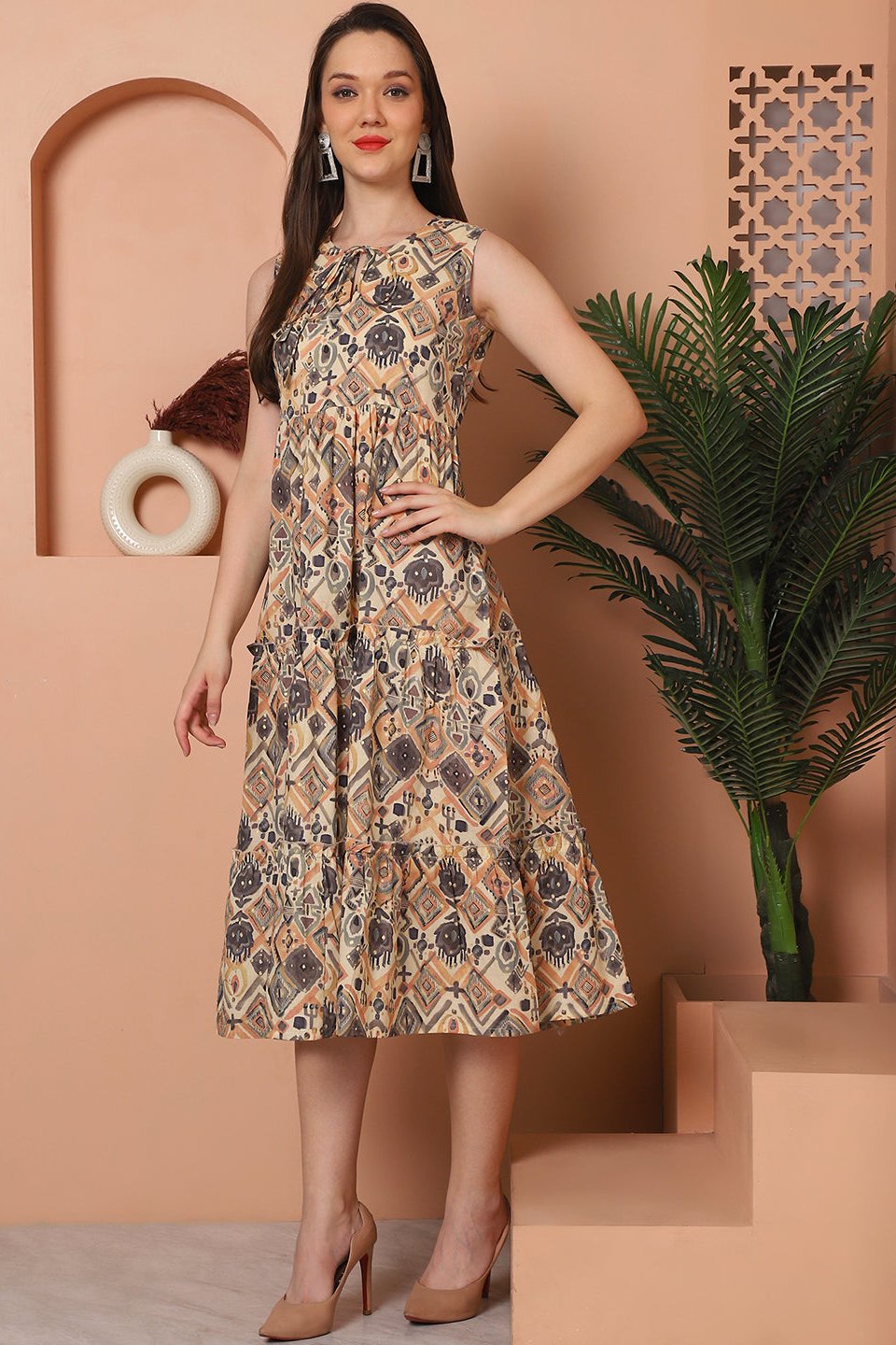 Beige Color Floral Printed Cotton Ethnic Dress For Women